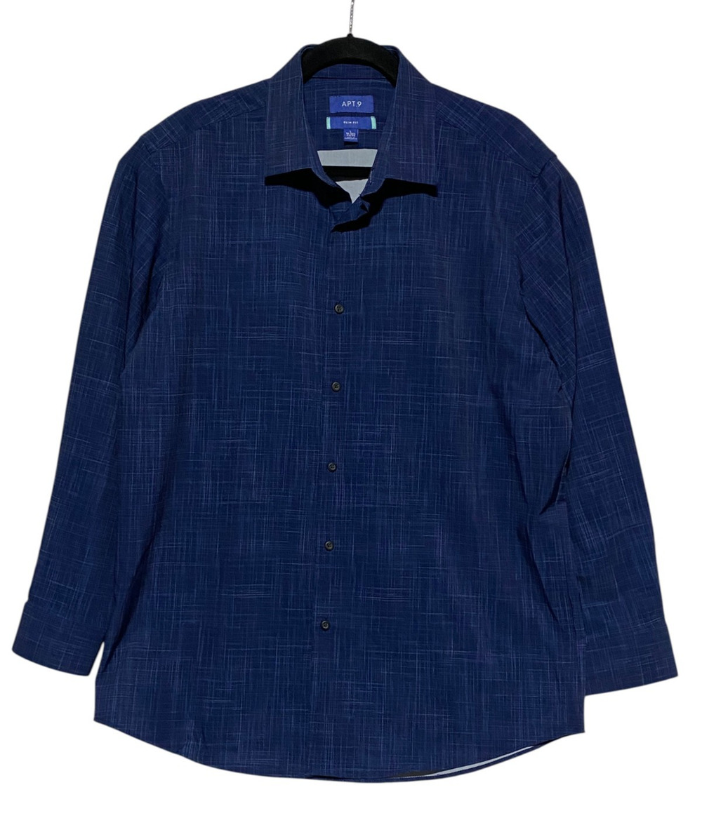 Apartment 9 Button Up Shirt Men's Large Blue Plaid Long Sleeve Polyester Blend